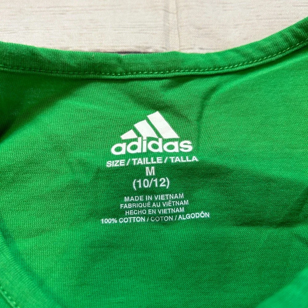 Adidas Short Sleeve‎ Cotton Green Tee Shirt With Pink Logo Girls Size M 10/12